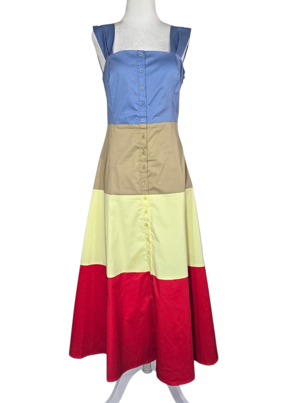 STAUD Colorblock Midi Dress in Blue, Tan, Yellow, Red